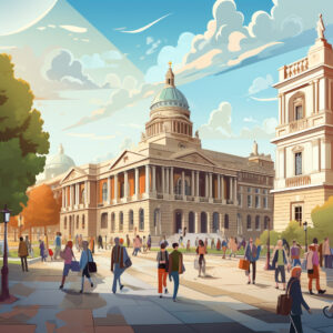 government building with people walking around. Cartoon style